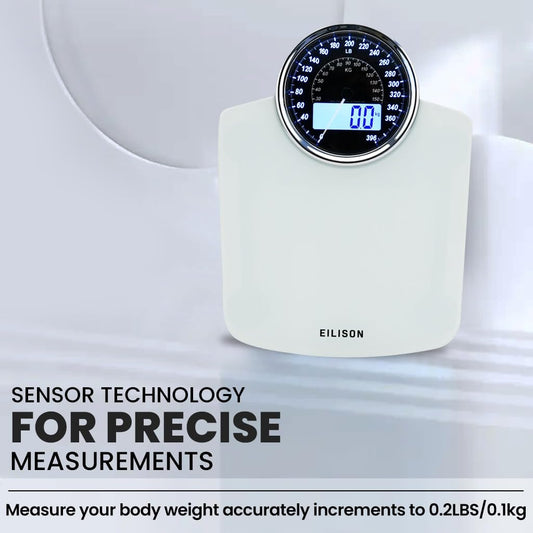 EILISON Highly Advance 2-in-1 Digital & Analog Weighing Scale for Body Weight-400lbs, 4 High Precison GX Sensor Accurate, Thick Tempered Glass, Extra Large Display (White) - PuriLite
