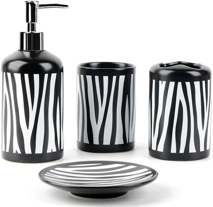 WPM 4 Piece Ceramic Bath Accessory Set | Includes Bathroom Designer Soap or Lotion Dispenser w/Toothbrush Holder, Tumbler, Soap Dish Choose from Purple, Black, Brown, Navy or Burgundy (Brown)