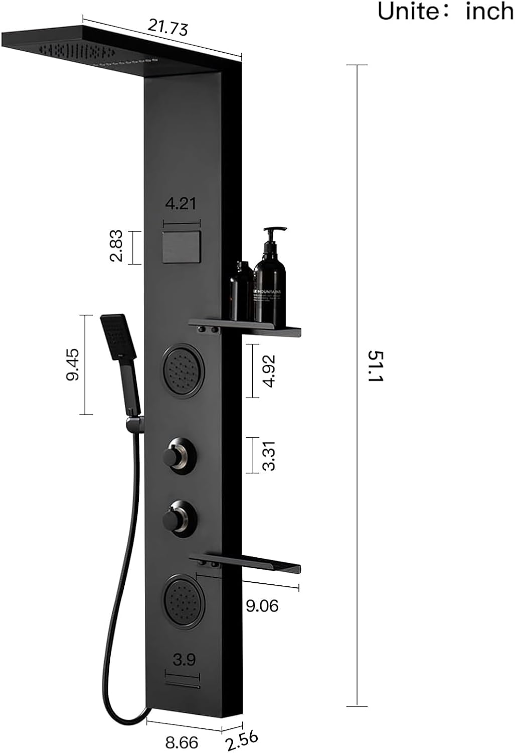 BATHLAVISH LED Black Shower Panels, Shower Tower with Storage Shelf 304 Stainless Steel System with Rainfall Shower Head with Handheld Massage Body Jets Bathroom Matte Black Waterfall Bathtub