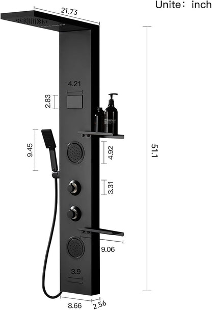 BATHLAVISH LED Black Shower Panels, Shower Tower with Storage Shelf 304 Stainless Steel System with Rainfall Shower Head with Handheld Massage Body Jets Bathroom Matte Black Waterfall Bathtub
