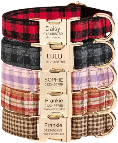 Custom Engraved Dog Collar with Name and Phone Number, Personalized for Small, Medium, and Large Dogs (Plaid)