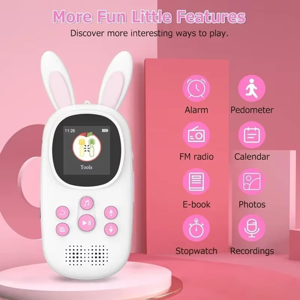 cogae 32GB Music MP3 Player for Kids, Cute Bunny Kids Music MP3 Player with BT, MP3 & MP4 Players with Speaker