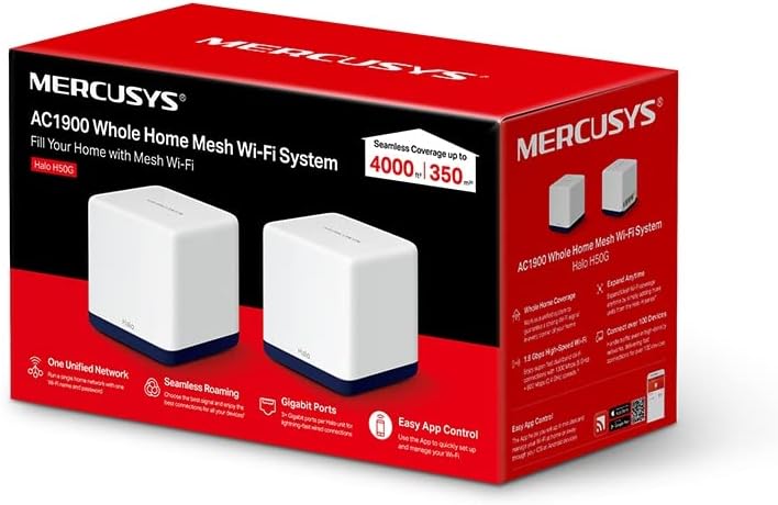 MERCUSYS Halo H50G (2-Pack) AC1900 Mesh WiFi System – Whole Home Coverage up to 4,000 ft², Seamless Roaming, Gigabit Ports, Easy App Setup, Parental Controls, Dual Band Router