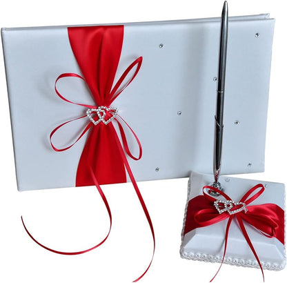 Gigicloud Wedding Guest Book Set, Ribbon Bow Wedding Guest Signature Book with Pen Holder Bowknot Wedding Memory Book Wedding Registry Guestbook for Baby Bridal Shower Wedding Party