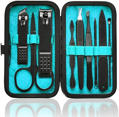 Manicure Set 9 in 1 Stainless Steel, Nail Clippers Scissors Pedicure Tools Kit - Portable Travel Grooming Kit for Men and Women with Black/Red Leather Case (Blue)