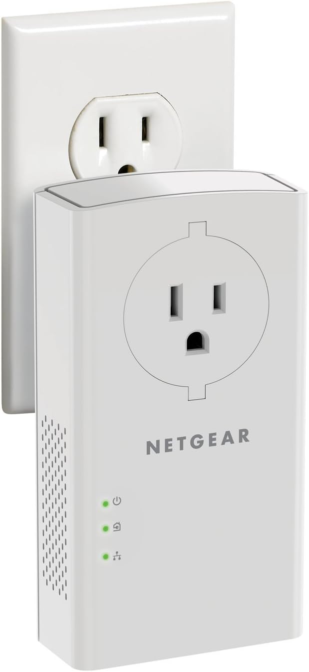 NETGEAR Powerline Adapter Kit, 2000 Mbps Wall-Plug, 2 Gigabit Ethernet Ports with Passthrough + Extra Outlet (PLP2000-100PAS)