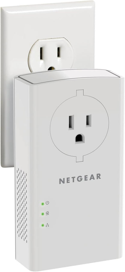 NETGEAR Powerline Adapter Kit, 2000 Mbps Wall-Plug, 2 Gigabit Ethernet Ports with Passthrough + Extra Outlet (PLP2000-100PAS)