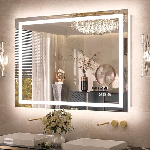TETOTE LED Bathroom Mirror 20x28 Frontlit & Backlit Lighted Vanity Mirror Anti Fog Stepless Dimmable 3 Colors White/Warm/Natural,Double Lights,Wall-Mounted(Horizontal/Vertical)