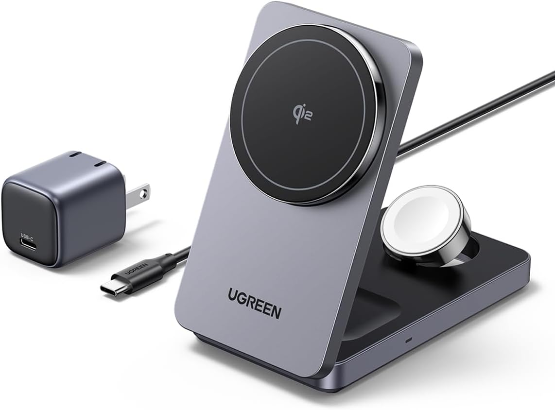 UGREEN MagSafe Qi2 15W 3-in-1 Wireless Charging Station, Foldable Wireless Charger Stand Compatible with iPhone 16/15/14/13/12 Series, AirPods 3/2/Pro, Smartwatch (Included 30W Adapter)