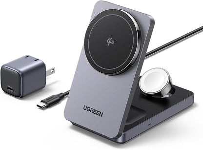 UGREEN MagSafe Qi2 15W 3-in-1 Wireless Charging Station, Foldable Wireless Charger Stand Compatible with iPhone 16/15/14/13/12 Series, AirPods 3/2/Pro, Smartwatch (Included 30W Adapter)