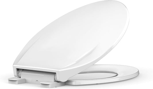 White Elongated Toilet Seat, Slow Close Toilet Cover Seat for Easy Clean and Stain-Resistant, Plastic Toilet Seat with Cover, Quick-Release Hinges and Quick-Attach Hardware