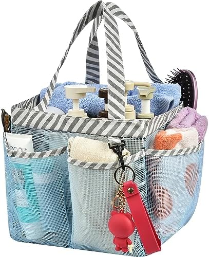 Mesh Shower Caddy Tote, Large College Dorm Bathroom Caddy Organizer with Key Hook and 2 Oxford Handles, Quick Hold, 8 Basket Pockets for Camp Gym