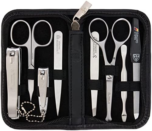 3 Swords Germany - brand quality 8 piece manicure pedicure grooming kit set for professional finger & toe nail care scissors clipper fashion leather case camou in gift box, Made in Germany