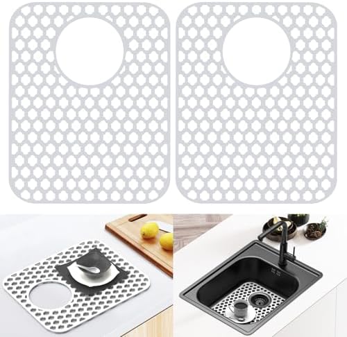 BEHOK 2 Pack Silicone Sink Protector for Kitchen Sink Bathroom Sink 13.58"x 11.6" Sink Mat, Non-Slip and Durable Silicone Sink Grid, Rear Drain (Gray)