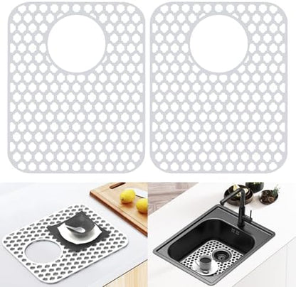 BEHOK 2 Pack Silicone Sink Protector for Kitchen Sink Bathroom Sink 13.58"x 11.6" Sink Mat, Non-Slip and Durable Silicone Sink Grid, Rear Drain (Gray)