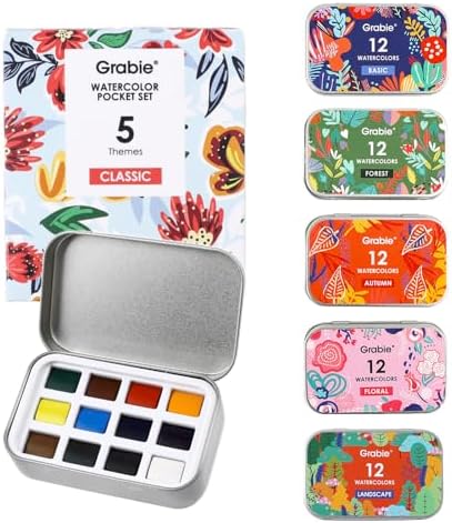 Grabie 60 Color Pocket Watercolor Paint Set, 5 Theme Travel Palette | 60 Colors Across 5 Themes, Pocket Compact Watercolor Palette For Sketching & Painting, Beginner-Friendly Paint Set