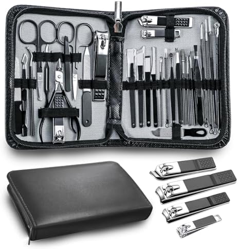 Manicure Set，30 in 1 Mens Set Professional，Nail Clipper for Men，Mens Nail Grooming Kit，Andrea Kit Women，Nail Care Women，with Luxury Leather Bag (Black)