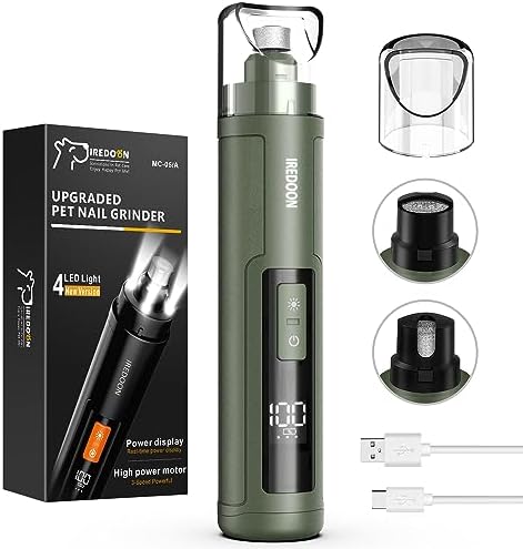 IREDOON Dog Nail Grinder Upgraded - Professional 3-Speed Super Quiet and Low Vibration Electric Pet Nail Grinder with 4 LED Lights - Painless Paws Grooming & Smoothing for Small to Large Dogs (Black)