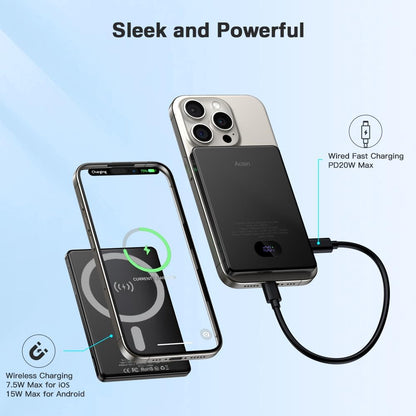 Acsin Magnetic Portable Charger Ultra Slim 5000mAh Battery Pack,Wireless Power Bank with LED Display 20W Two Way USB-C Charging for iPhone 16/16 Pro/16 Pro Max/15/14/13/12 Series (Black)