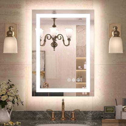TETOTE LED Bathroom Mirror 20x28 Frontlit & Backlit Lighted Vanity Mirror Anti Fog Stepless Dimmable 3 Colors White/Warm/Natural,Double Lights,Wall-Mounted(Horizontal/Vertical)