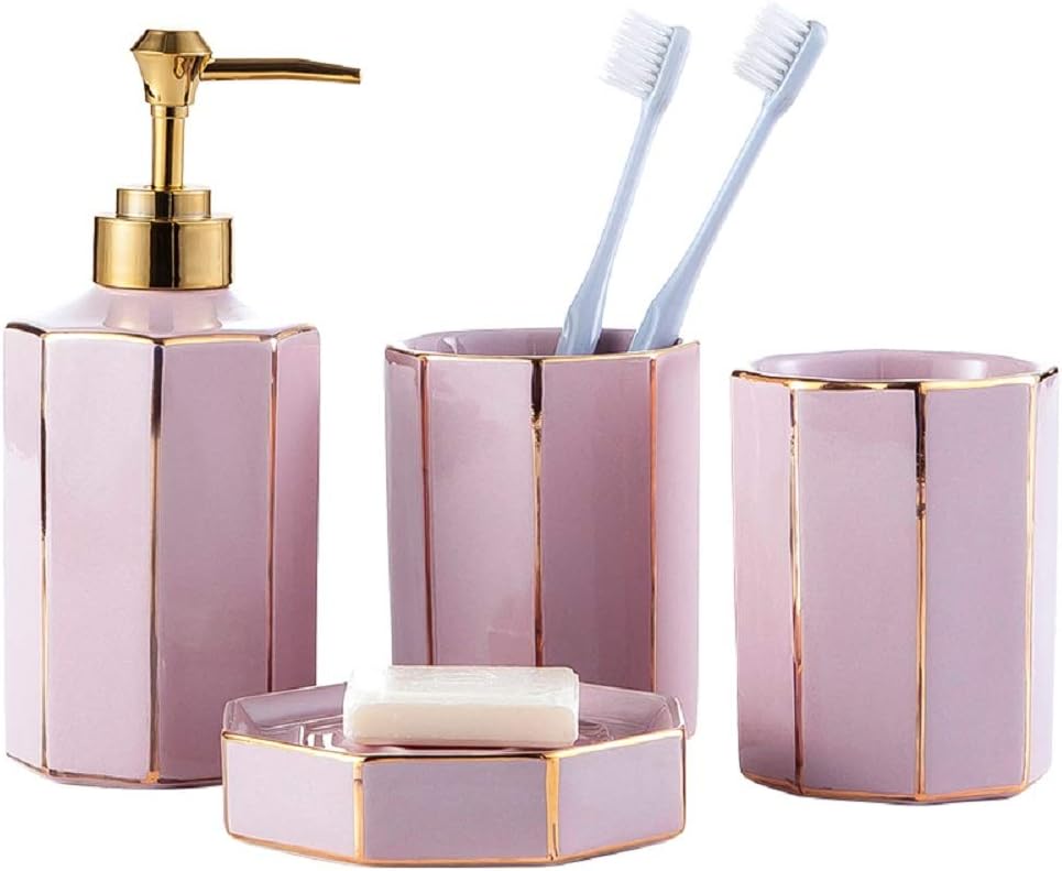WPM 4 Piece Ceramic Bath Accessory Set | Includes Bathroom Designer Soap or Lotion Dispenser w/Toothbrush Holder, Tumbler, Soap Dish Choose from Purple, Black, Brown, Navy or Burgundy (Brown)