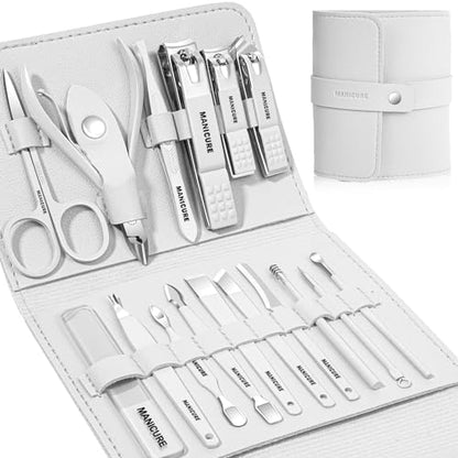 Manicure Set Professional Nail Clippers Pedicure Kit, 16 pcs Stainless Steel Nail Care Tools Grooming Kit with Luxurious Travel Leather Case for Thick Nails Men Women Gift (Black)