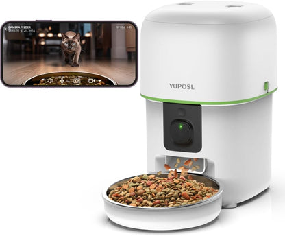 Yuposl Automatic Cat Feeder with Camera, 5G WiFi Cat Food Dispenser App Control 1080 HD Video with Night Vision, 4L Automatic Dog Feeder, Desiccant to Keep Dry Food Fresh, White