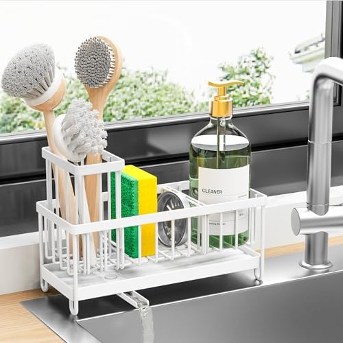Cisily Sponge Holder for Kitchen Sink, Sink Caddy with High Brush Holder, Organzier Rustproof 304 Stainless Steel Dish Organizer Divider, Soap Dispenser Storage (Black)