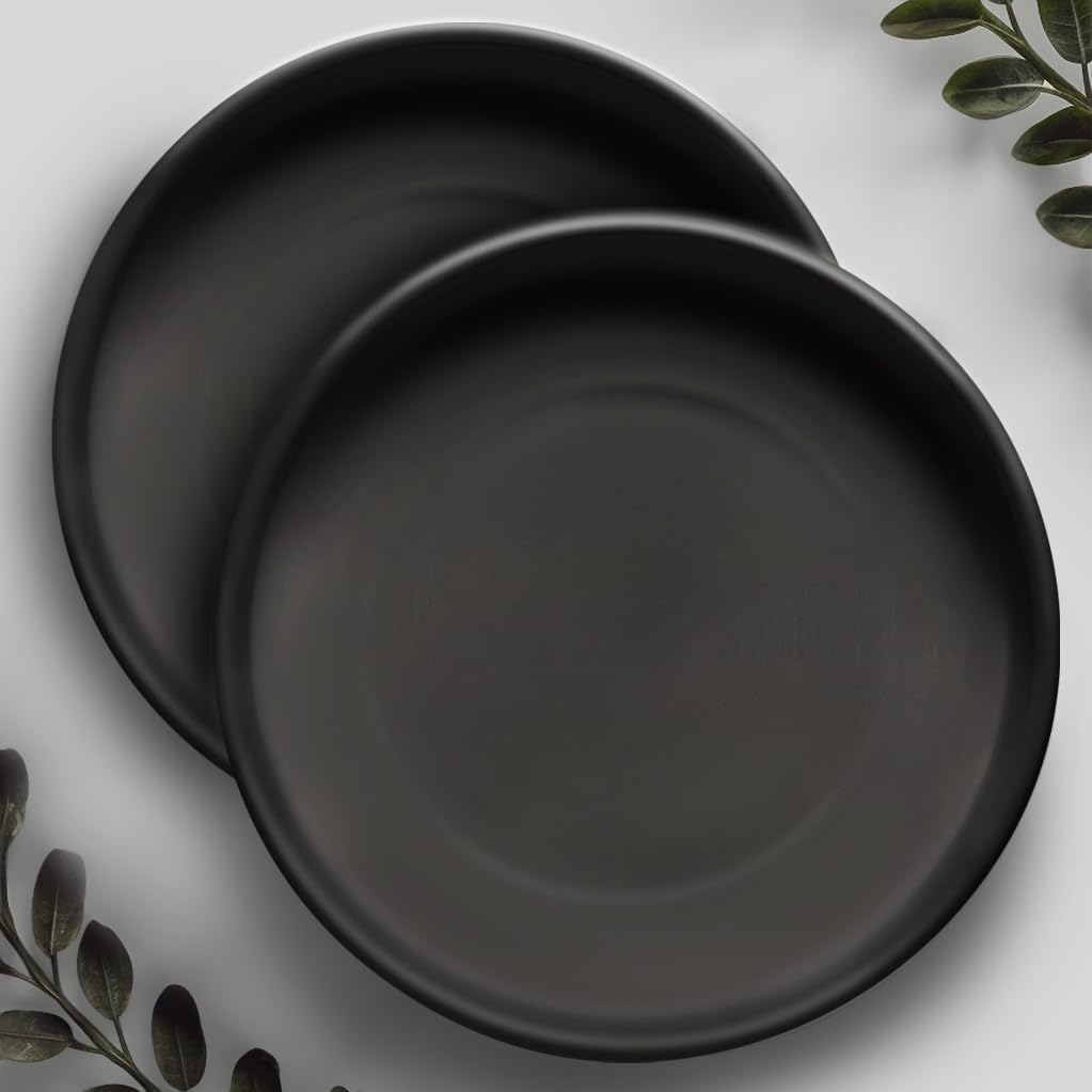 Heavy Duty Ceramic Black Plant Saucer - with Silicone Feet for Added Surface Protection - Scratch-Resistant Plant Drip Trays for Pots 8.3" at the Base or Less, Plant Plate, 7-8 Inch Plant Saucer