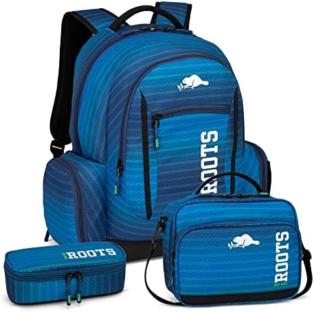 Roots Original 3-in-1 Matching Water Resistant Backpack and Lunch Bag Set with Bonus Pencil Case - Made From 100% Recycled Fabrics - 33 litres, Blue, Large