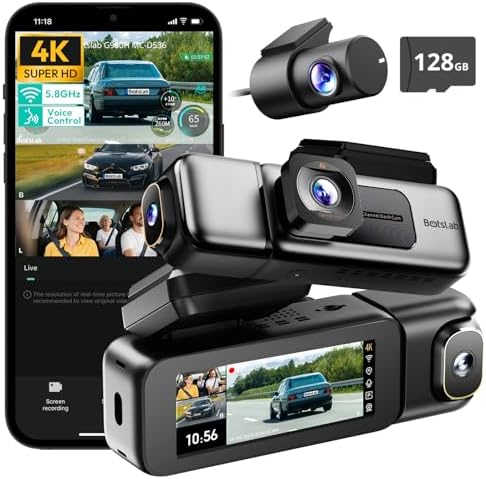 BOTSLAB 3 Channel 4K Dashcam with 128GB Card, Voice Command, 3.18 inch Touch Screen, 4K Front and 1080P Rear Inside Loop Recording, Triple Car Camera with IR Night Vision, WDR, Parking Mode