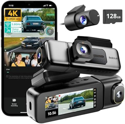 BOTSLAB 3 Channel 4K Dashcam with 128GB Card, Voice Command, 3.18 inch Touch Screen, 4K Front and 1080P Rear Inside Loop Recording, Triple Car Camera with IR Night Vision, WDR, Parking Mode