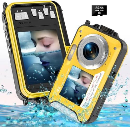 4K Underwater Camera 11FT Waterproof with 32GB Card 56MP Autofocus Selfie Dual-Screen for Snorkeling, Compact Digital Camera 1250mAh Battery (Blue)