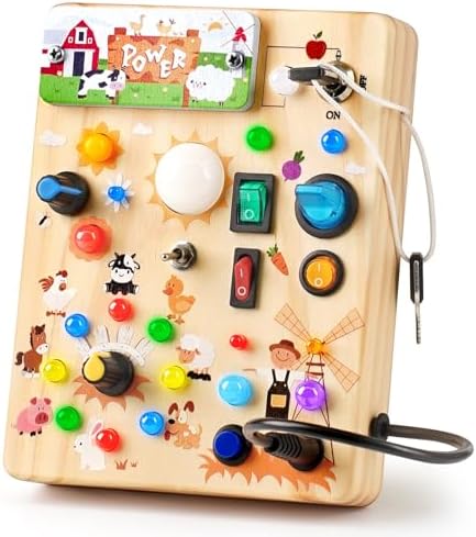 Joyreal Montessori Busy Board Wooden Sensory Toys for Toddler with LED Light Up Switch, Baby Fidget Board Travel Toys for 18+ Months, Boys Girls Birthday