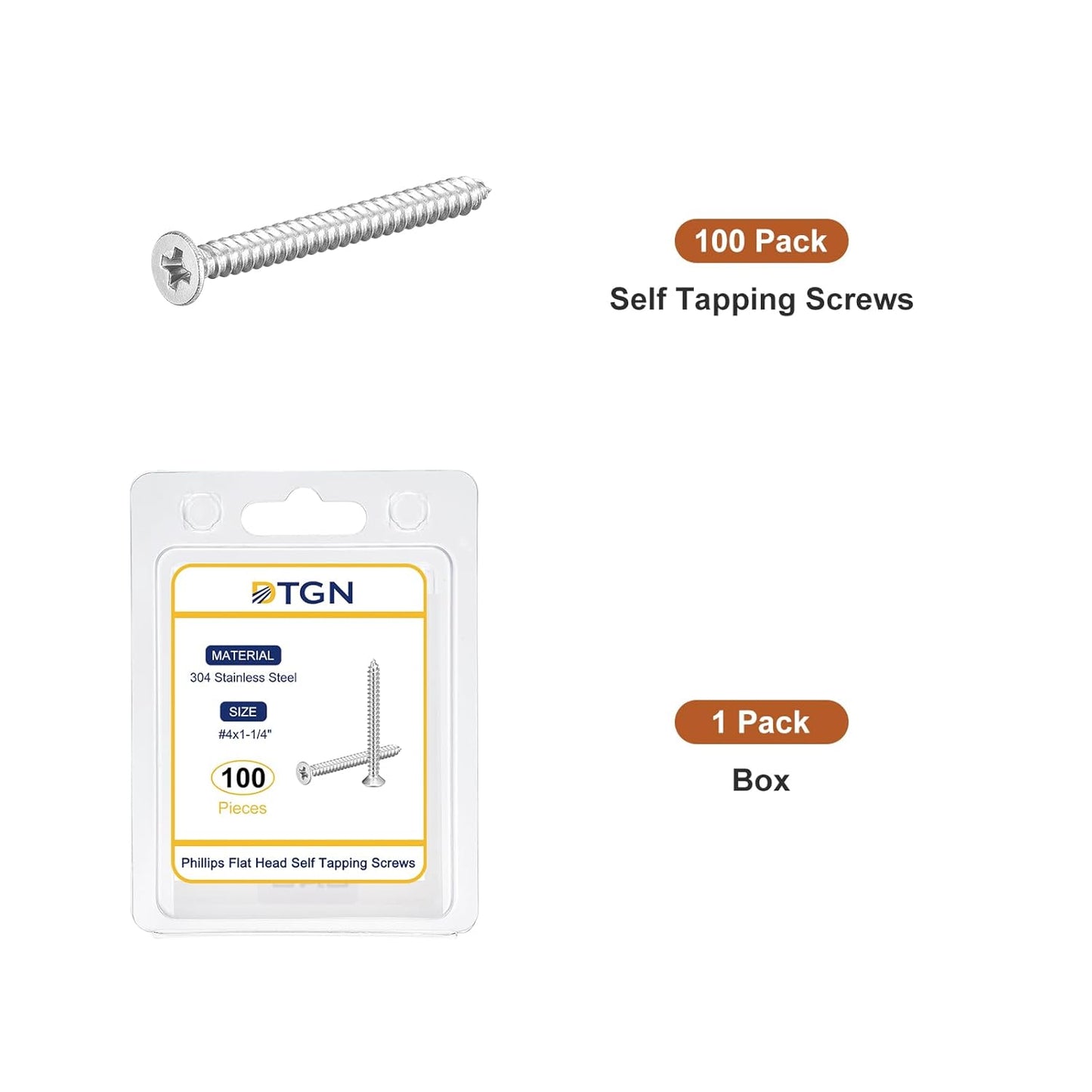 DTGN 100Pcs #6x1/2 Flat Head Wood Screws, 304 Stainless Steel Phillips Self Tapping Screws - Good for Woodworking, Furniture - Silver