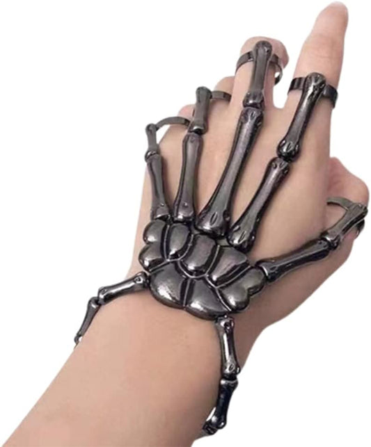 Skeleton Hand Bracelet with Ring Halloween Skull Bracelet Halloween Ghost Claw Bangle Ornament Flexible Alloy Skull Wristband for Party Cosplay 1PC