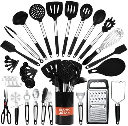 40PCs Silicone Cooking Utensils Set 446℉ Heat Resistance, RFAQK BPA Free Kitchen Utensils Set for Nonstick Cookware, Gadgets Includes Can Opener, Potato Smasher,Peeler,Tongs,Spatula Set,Pizza Cutter
