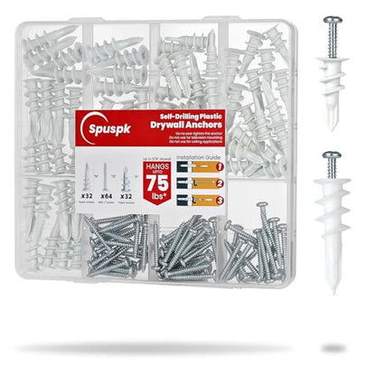 Spuspk #8 Self Drilling Drywall Anchors,120Pcs Wall Anchors and Screws for Drywall, 60 Self-Tapping/Threaded Plastic Sheetrock Anchors + 60#8 x 1-1/4'' Screws, 75LB Hanging and Mounting