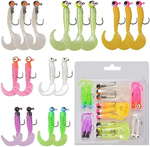 Soft Lures Fishing Jigs Kit, Worm Grub Fishing Lures Jig Head Hooks Kit Grubs Bait Jig Heads Soft Plastic Bait Crappie Jigs Tubes Baits Curved Tail Lure Fishing Lures Kit for Walleye Bass Trout