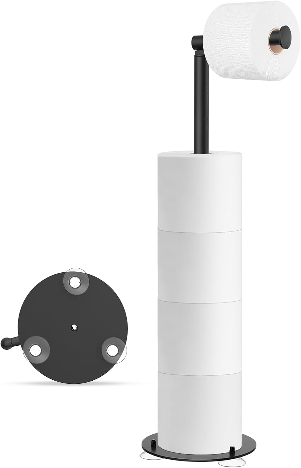 Freestanding Toilet Paper Holder Stand with Storage Reserve, Modern Stainless Steel Bathroom Roll Holder with Strong Suction Base, Black - PuriLite
