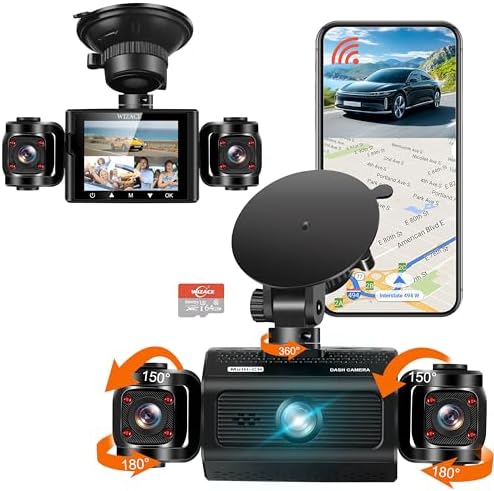 3 Channel Dash Cam WiFi FHD 2K Car Camera with 64GB Card, WIZACE 270° Front Dash Camera Front and Inside Left Right for Cars, Mini Dashcams with Night Vision,Loop Recording,WDR,G-Sensor, APP