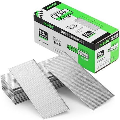 meite F50 18 Gauge 2-Inch Leg Length Galvanized Brad Nail Ideal for Upholstery, Trims, Molding, Woodworking 5000pcs/Box (1 Box)