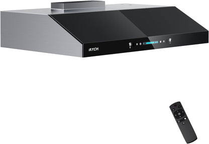 IKTCH Upgrated 30"Under Cabinet Range Hood, 900 CFM Ducted Range Hood with 4 Speed Fan, Stainless Steel & Black Tempered Glass Range Hood 30 inch with Gesture Sensing&Touch Control Making life Smarter