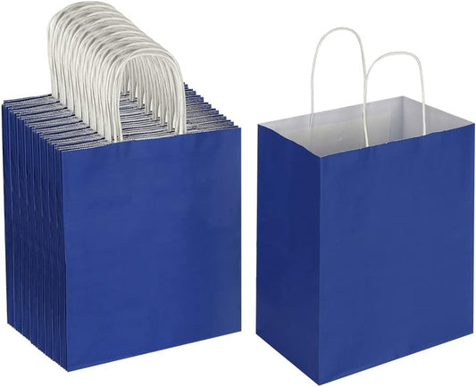 Oikss 100 Pack 8x4.75x10 Inch Medium Royal Blue Kraft Paper Bags with Handles Bulk for Birthday Wedding Party Favors Grocery Retail Shopping Business Goody Craft Gift Bags Sacks, (100pcs Count)