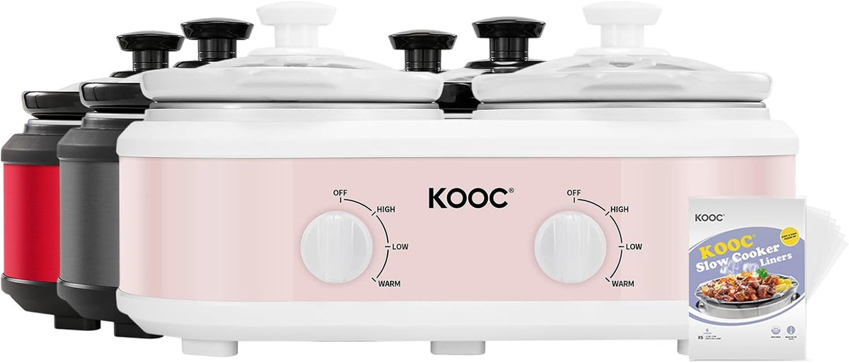 KOOC Double Small Slow Cooker, Buffet Server and Warmer, 2 Mini Pots with 3 Individual Adjustable Temp, Dual Ceramic Pots, Free Liners for Easy Clean-up, Stainless Steel, Total 2.5 Quart, Pink, Round