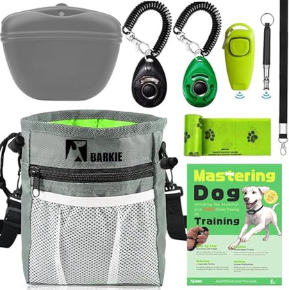 Dog Training Kit - Treat Pouch, Pet Training Fanny Pack, 2 Puppy Training Clickers, Ultrasonic Silent Whistle, 2-in-1 Whistle Clicker, Clicker Training Guide Booklet, Dog Poop Bag (Grey)