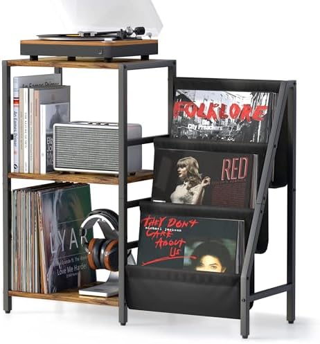 Record Player Stand with Vinyl Storage, Record Player Table with Record Storage 200 Albums, Turntable Stand with Record Holder Vinyl Display Shelf, Record Cabinet Media Stereo (White) - PuriLite