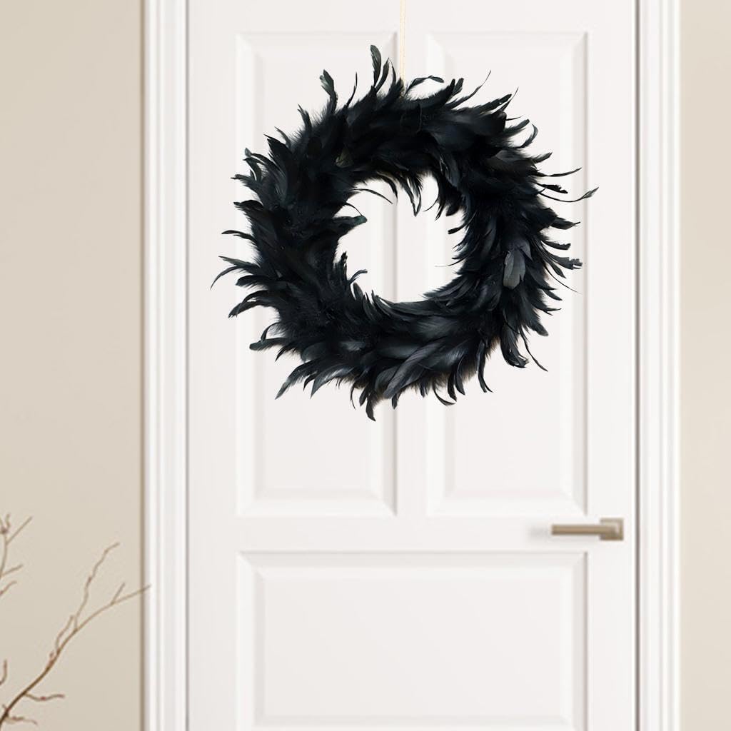 IKEEYUIS Spooky Black Feather Wreath Halloween Cocktail Front Door Hanging Garland Decor
