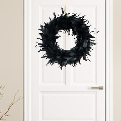 IKEEYUIS Spooky Black Feather Wreath Halloween Cocktail Front Door Hanging Garland Decor