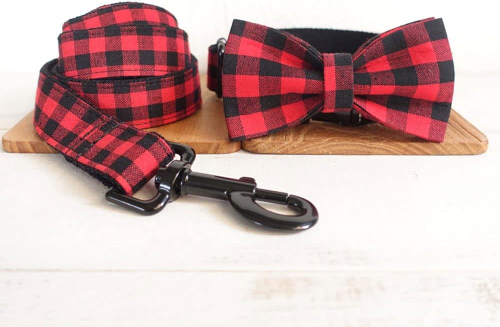 PETDURO Personalized Buffalo Plaid Dog Collar Red Black - Engraved Name and Phone Number on Black Metal Buckle - Custom for Small Medium Large Boy Girl Dogs - Add Leash Bow Tie via Customize Now
